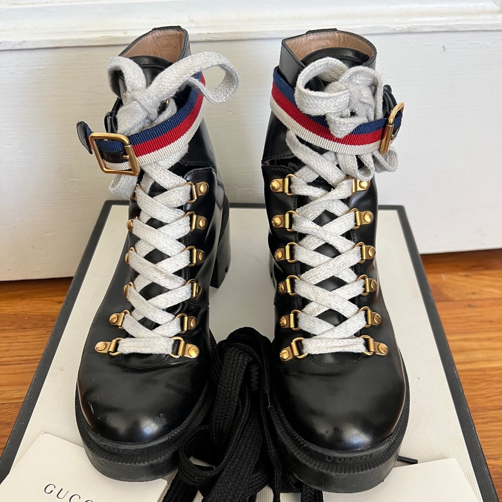 Gucci Black Leather Trip Lug Sole Combat Boots Booties size 38/7.5